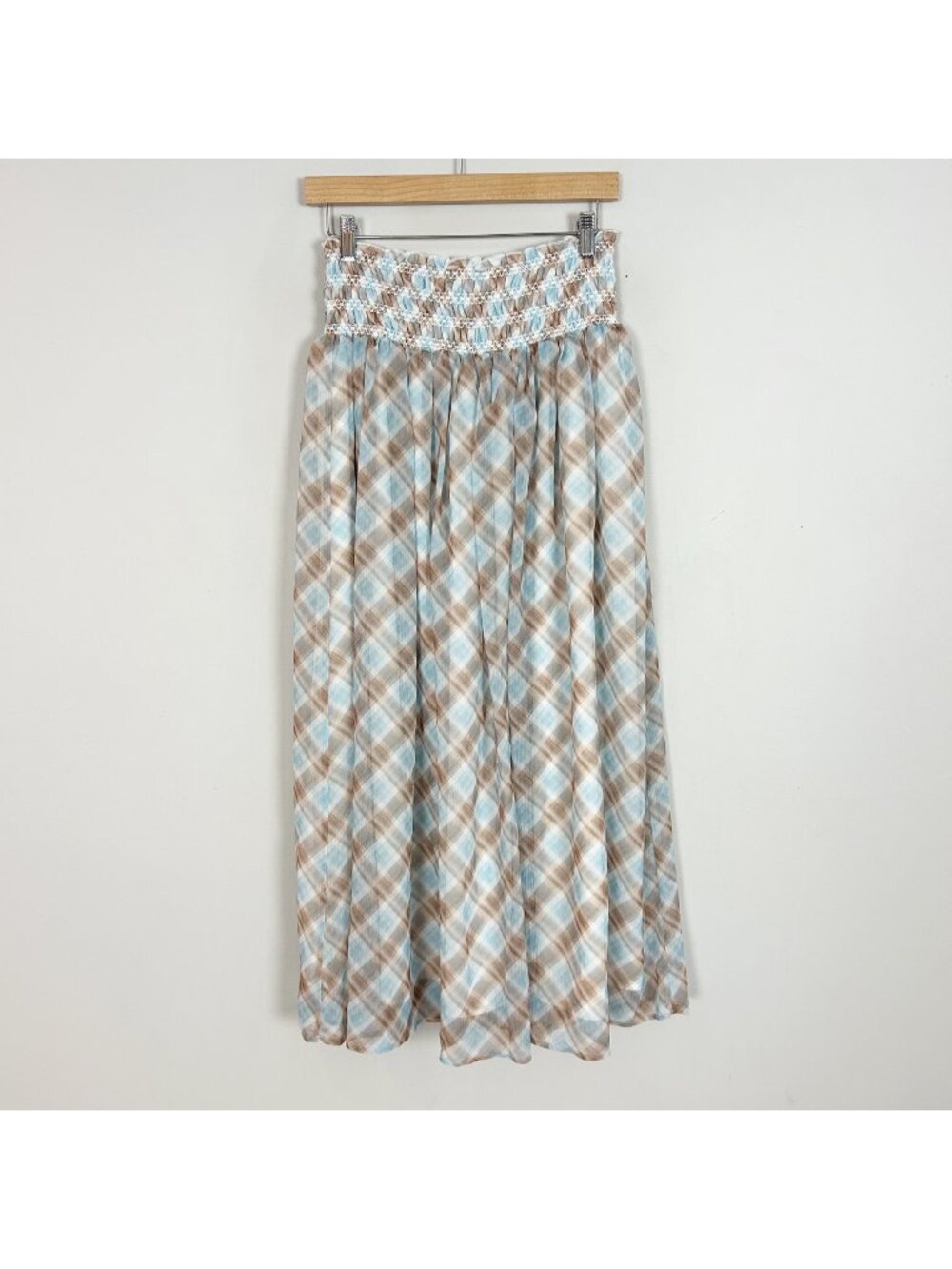 Pink Lily A-line Floral Maxi Skirt Blue & Brown Plaid Preppy Size Medium Women's